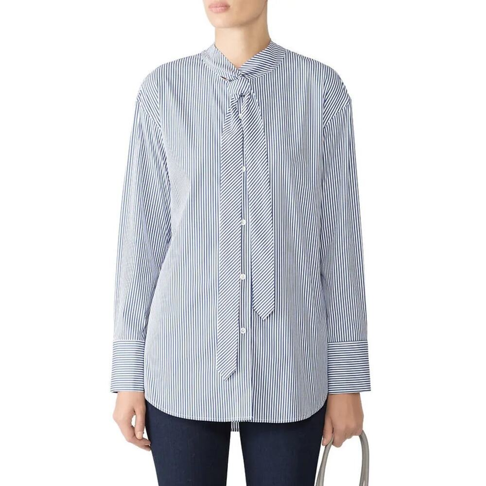 Theory Weekender Tie Neck Top in Franklin Stripe Blue White Size P